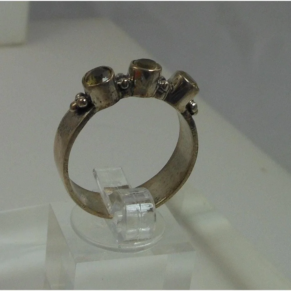 Sterling‎ Silver 925 Three Stone Citrine Granulated Artisan Band Ring Size 9.5
